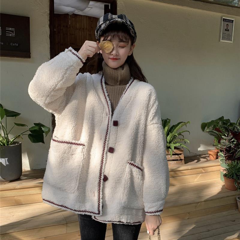 毛呢外套女新款韓版秋冬寬松百搭呢子上衣保暖v領羊羔毛外套1入