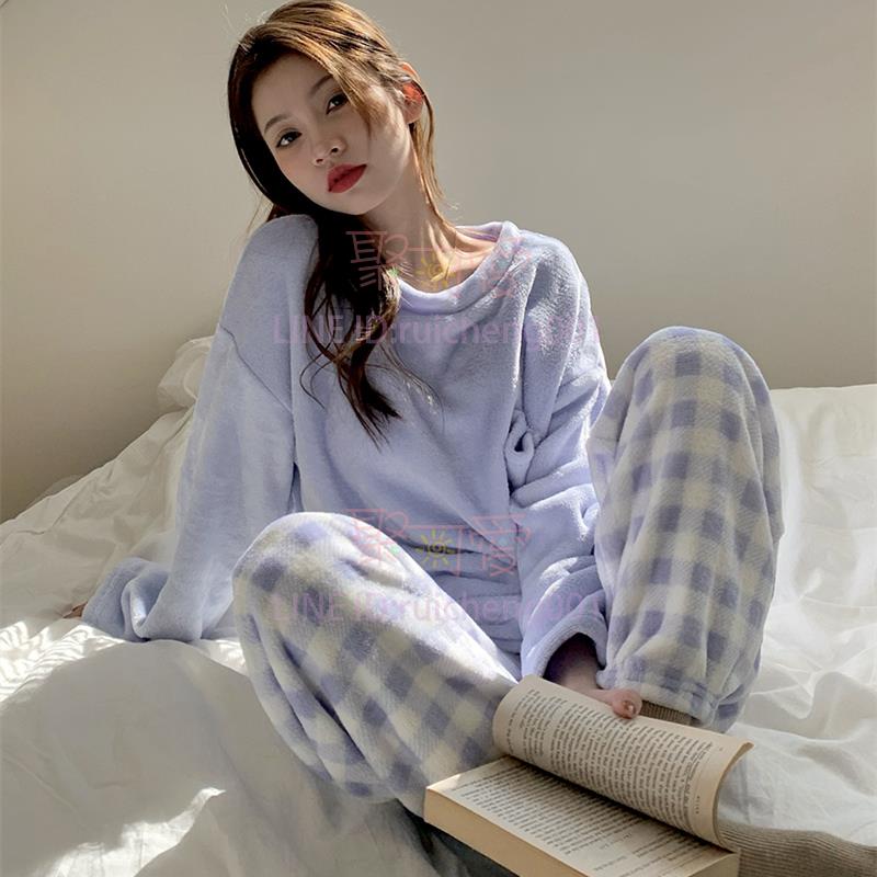 睡衣女 韓國泫雅法蘭絨格子睡衣 秋冬季可外穿珊瑚絨家居服【不二雜貨】