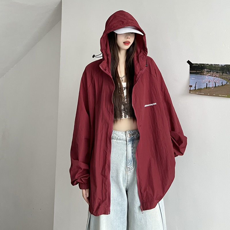防曬衣服女冰絲長袖外套運動棒球服情侶日系工裝外套美式酒紅色夏【聚寶屋】