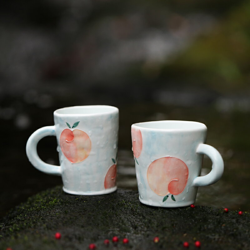 山水間 仙桃手繪杯 景德鎮陶瓷 可愛水果馬克杯咖啡杯 情侶早餐杯