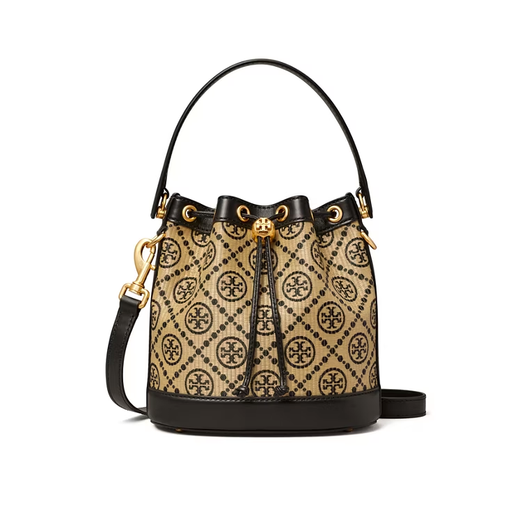 精選★TORY BURCH T Monogram經典刺繡標識五金扣抽繩開合皮革 女款中號水桶包手提斜挎單肩包 139129~【母親節禮物★菲尼斯 國際精品3折起 春夏新品 換季下殺】