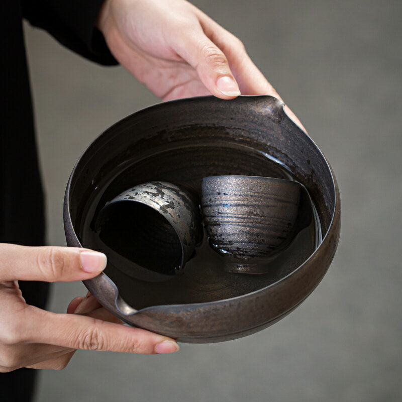 日式復古鐵銹釉茶洗杯洗陶瓷粗陶建水水孟家用茶渣桶功夫茶具配件