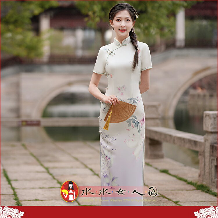 古典氣質印花改良長旗袍新款春夏復古民國風少女年輕款修身宴會連身裙雙層洋裝-玉兔-水水女人國