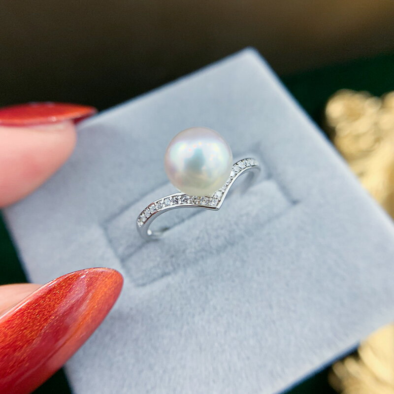 DIY珍珠配件 S925純銀韓版V字形開口戒指時尚簡約指環手飾空托女