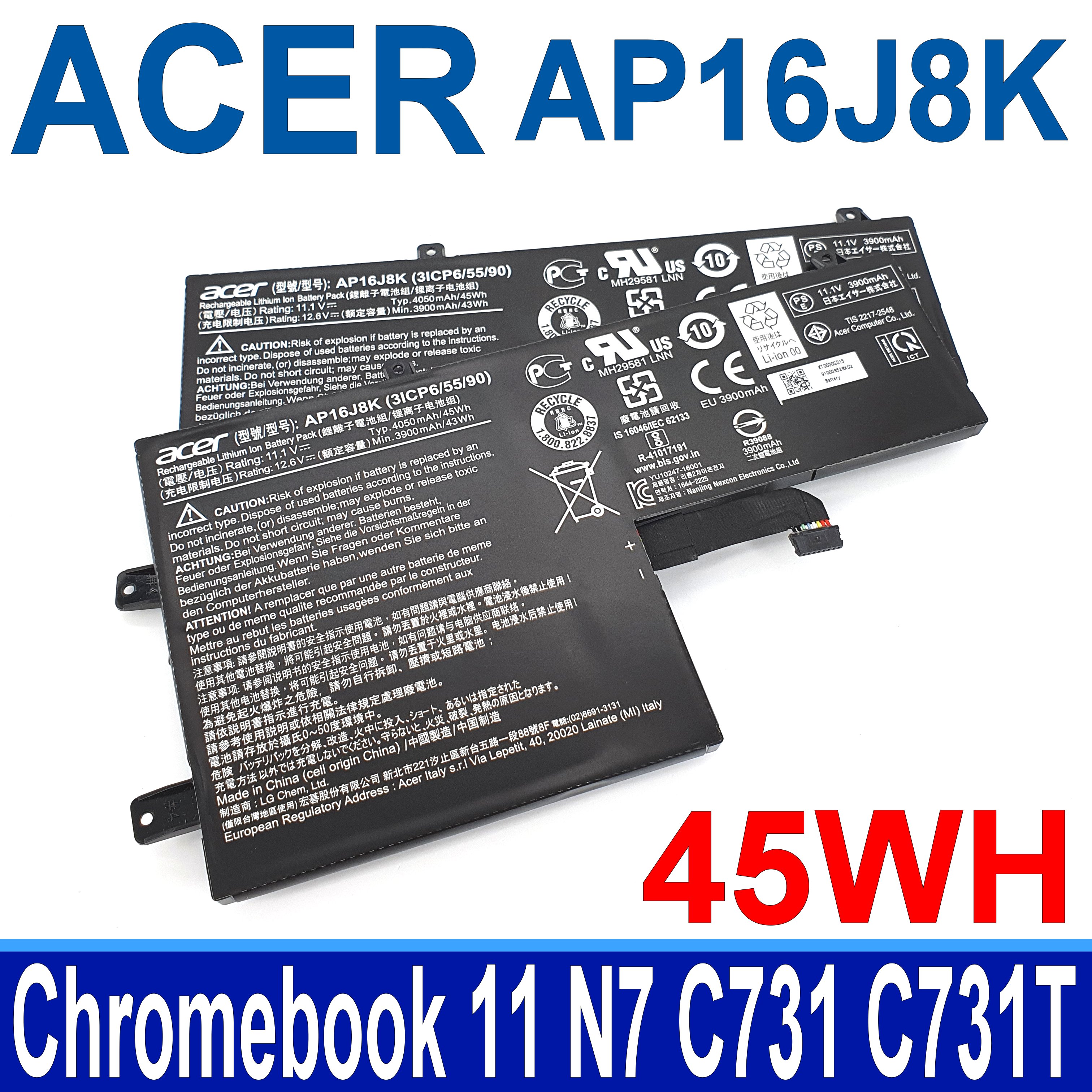 宏碁 ACER AP16J8K 3芯 . 電池 Chromebook 11 N7 C731 C731T