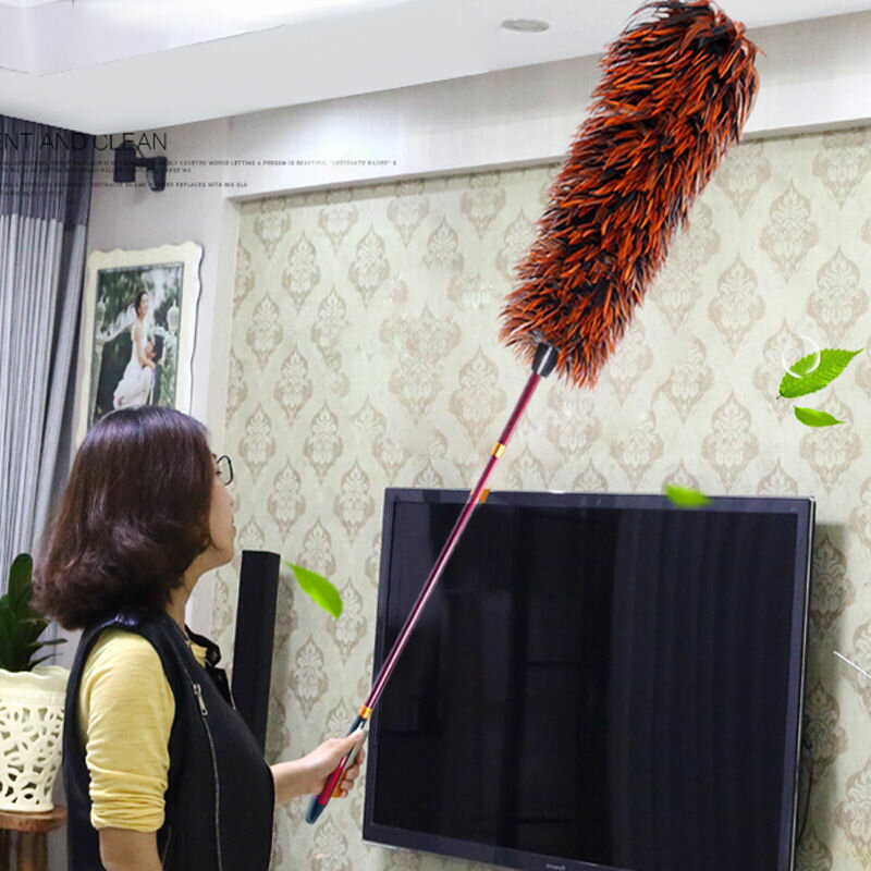 免運 可開票 超低價 純手工加長桿真雞毛撣子家用除塵撣車用可伸縮不掉毛家務清潔工具 快速發貨