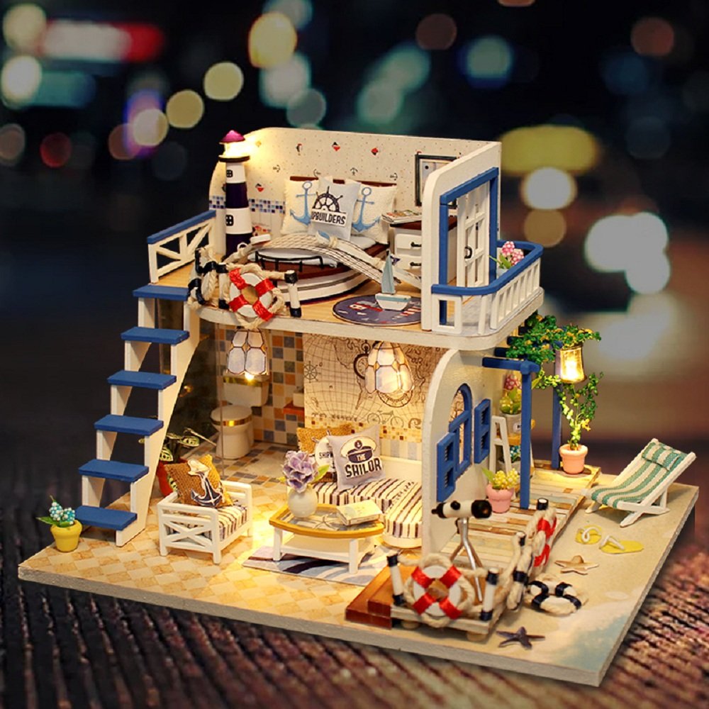 miniature house with lights