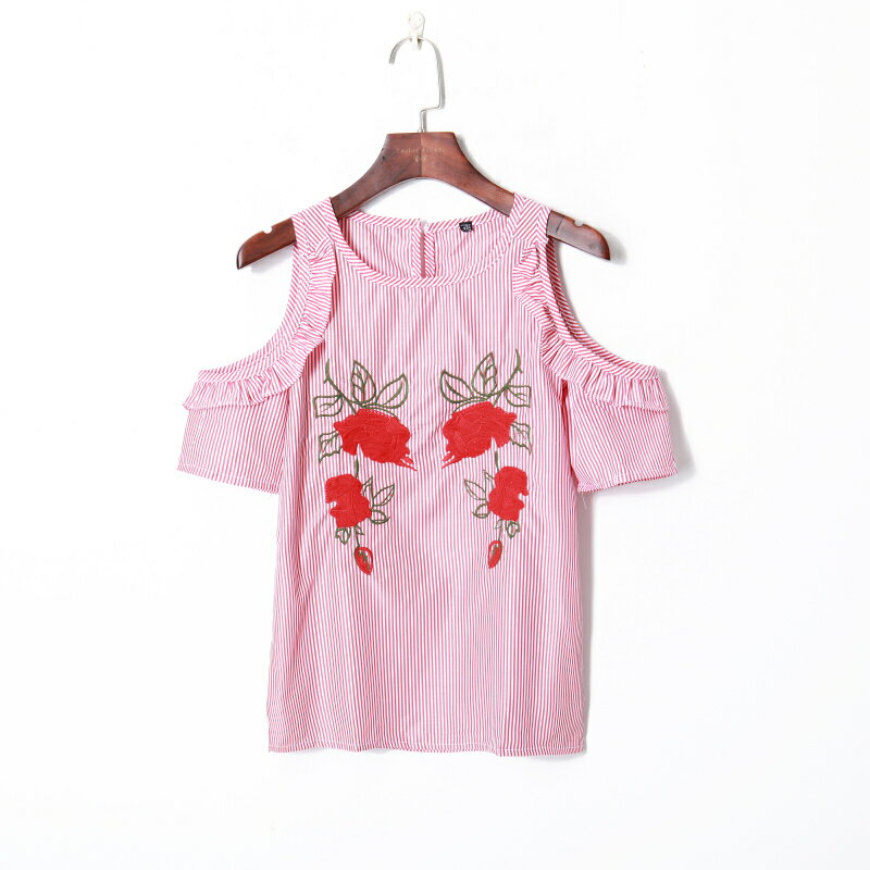 夏季新款女裝拼色條紋刺繡花朵上衣圓領漏肩短袖顯瘦襯衫