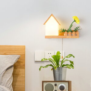 北歐實木臥室床頭壁燈創意置物架客廳裝飾燈田園風溫馨帶開關燈具