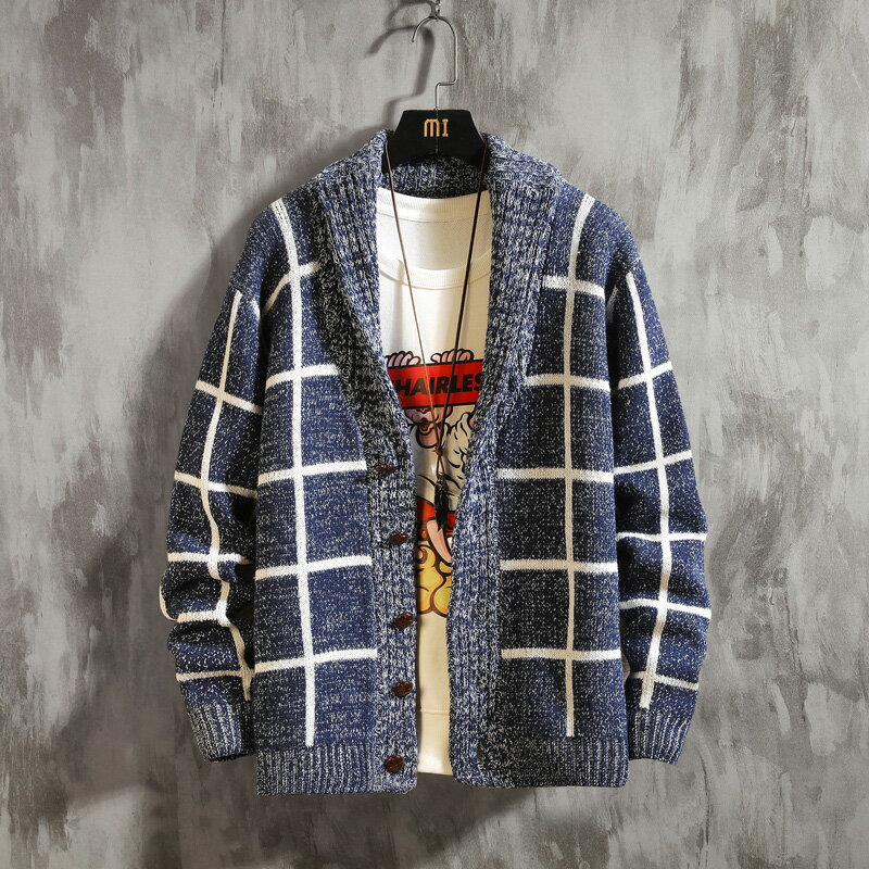 針織衫男開衫外套潮流韓版修身格子毛衣外穿秋冬季慵懶風線衣厚款 3