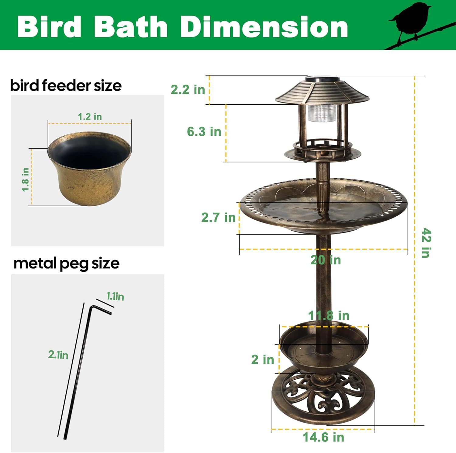 【含稅/免運】 鳥浴帶太陽能燈喂食器花盆底座戶外花園庭院草坪(41英寸高)亞馬遜