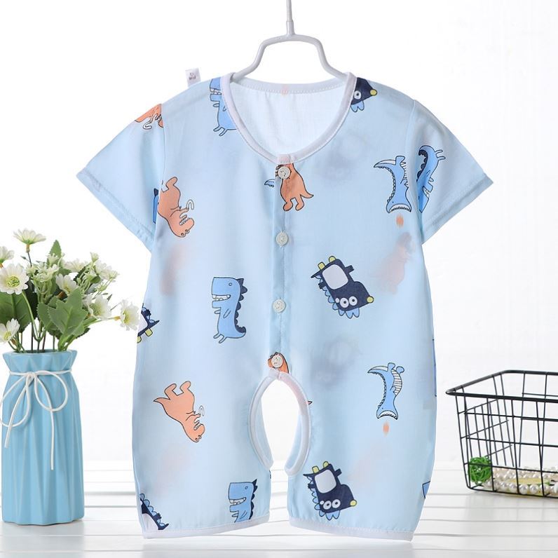夏季嬰兒連體衣短袖棉綢空調服哈衣薄兒童睡衣新生兒人造棉爬服