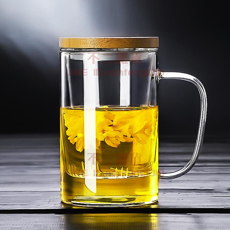 透明玻璃杯家用耐熱過濾帶把手男女辦公杯竹木蓋茶水分離杯【不二雜貨】