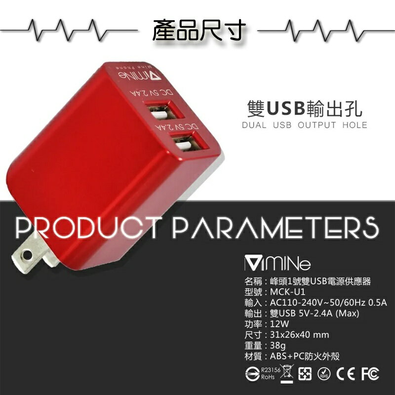 Mine2.4A雙孔摺疊快充電頭 apple充電器 通用快充頭 小白充【緣屋百貨】天天出貨 方塊豆腐雙USB充電頭 1