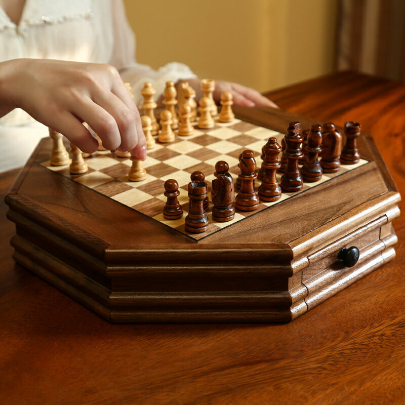 象棋 國際象棋 國際象棋高檔實木磁性套裝抽屜款胡桃木棋盤兒童小學生chess玩具交換禮物