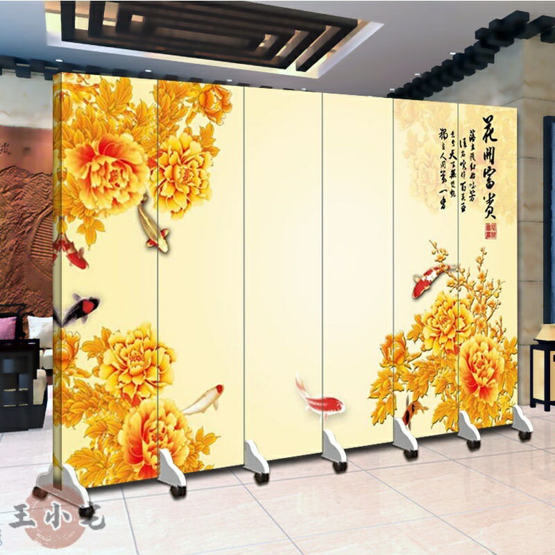 衝撃特価 屏風裝飾阻斷加贈底座】屏風隔間優質花開富貴牡丹屏風隔斷折疊 工芸品