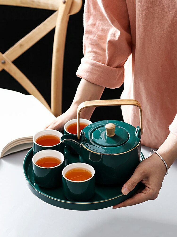 墨綠色茶杯水壺套裝陶瓷茶具帶托盤茶壺水具家用簡約高檔待客送禮