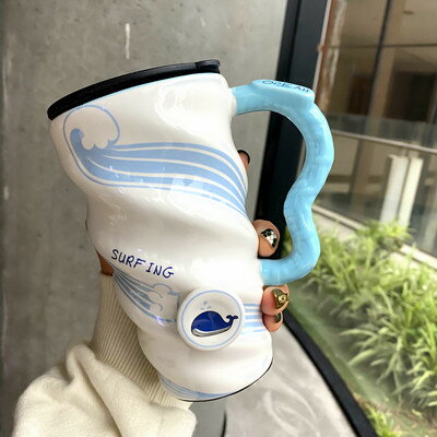 免運【現貨特價】海洋動物清新陶瓷杯個性成人帶蓋帶勺馬克杯辦公室大容量喝水杯子