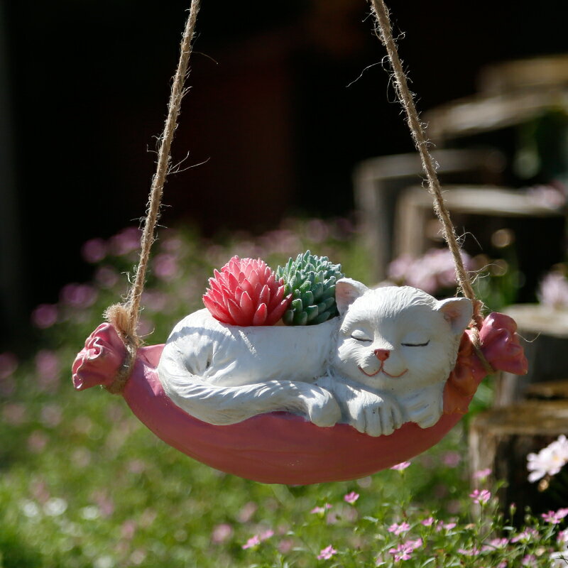 蕩秋千小貓咪擺件庭院裝飾花園仿真動物可愛陽臺布置掛件日式創意