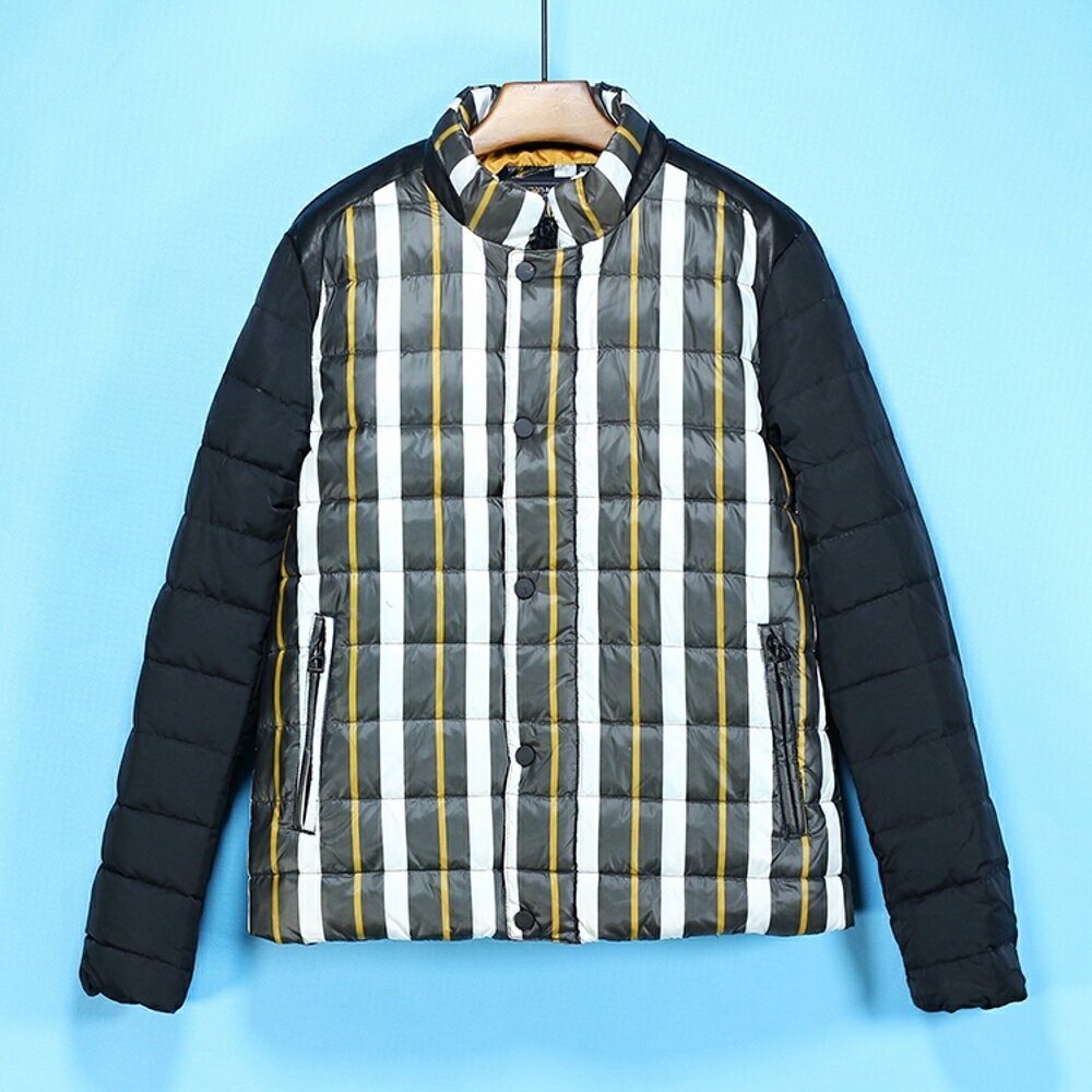 羽絨服男 拼接條紋短款輕薄白鴨絨羽絨服外套045 瑪麗蘇