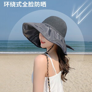 日本黑膠防曬帽子女夏天蝴蝶結超大檐可折疊漁夫帽防紫外線遮陽帽