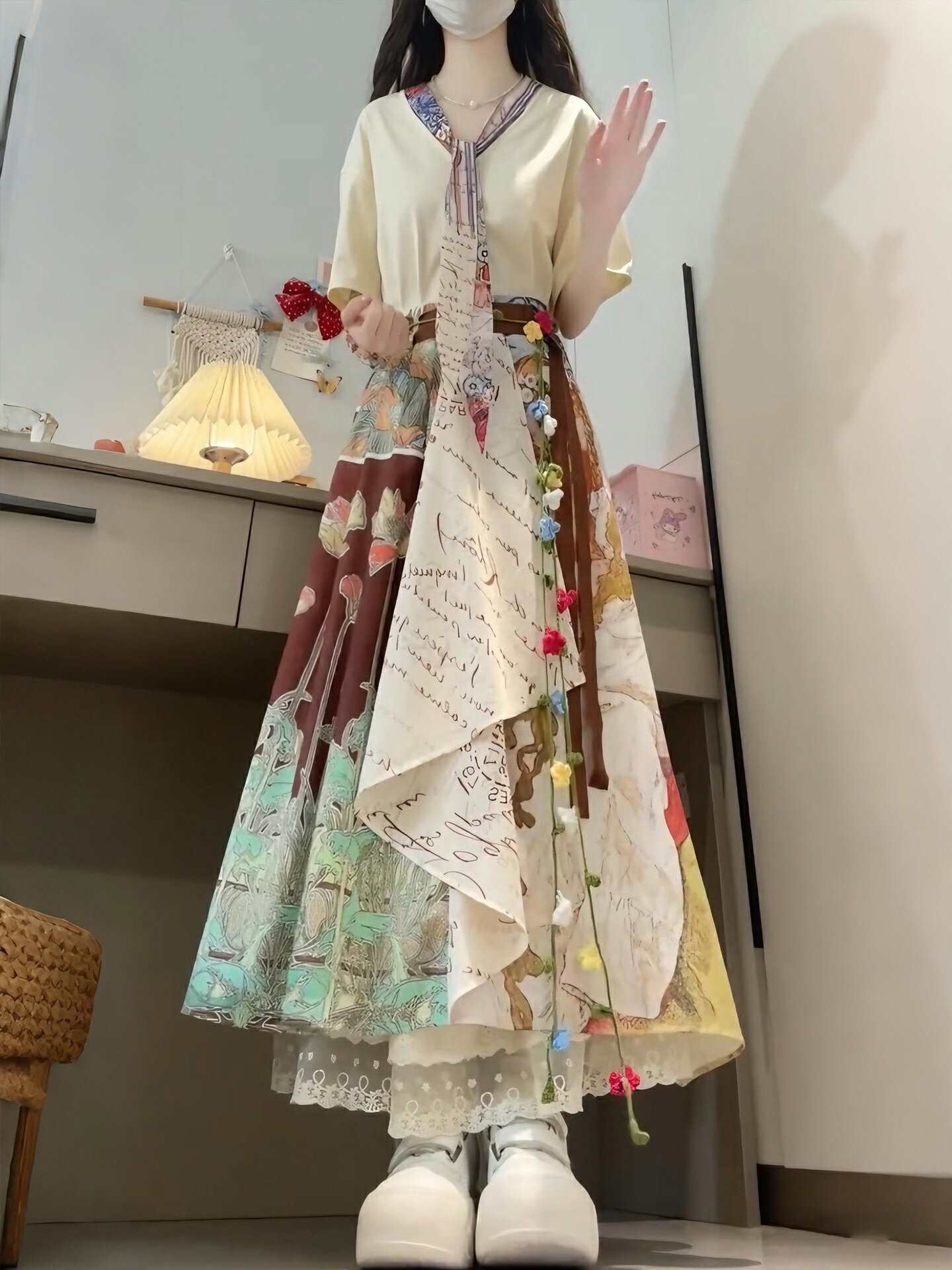 【喜挖】春夏搭配一整套復古設計感小眾印花花領帶上衣不規則半身裙兩件套