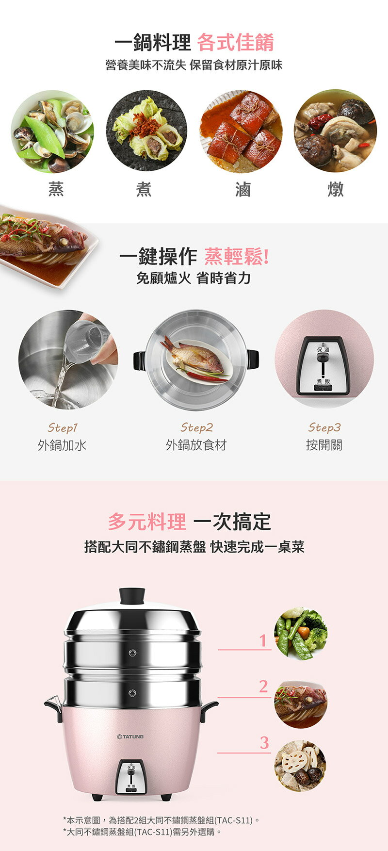 大同10人份全不鏽鋼簡配電鍋 TAC-10L-MCP 櫻花粉(簡配:不附內蓋、蒸盤) 2
