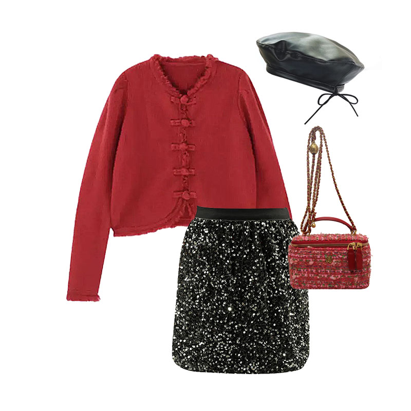 ANNAS 過年戰袍 中國風紅色上衣 紅色旗袍上衣 紅色毛衣 新年 大紅色 喜氣 過年穿搭 龍年毛衣外套 盤扣流蘇 2