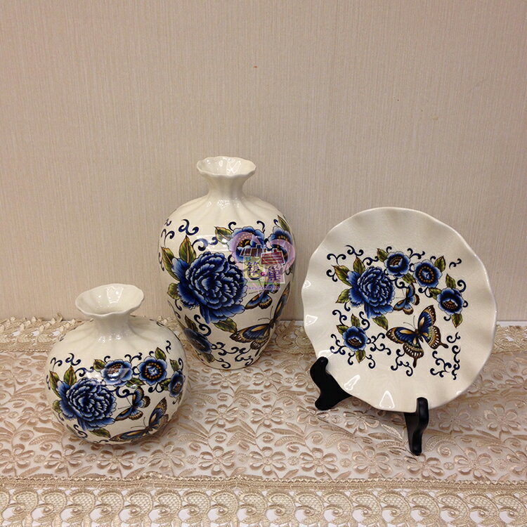 陶瓷古典花瓶套組-藍牡丹
