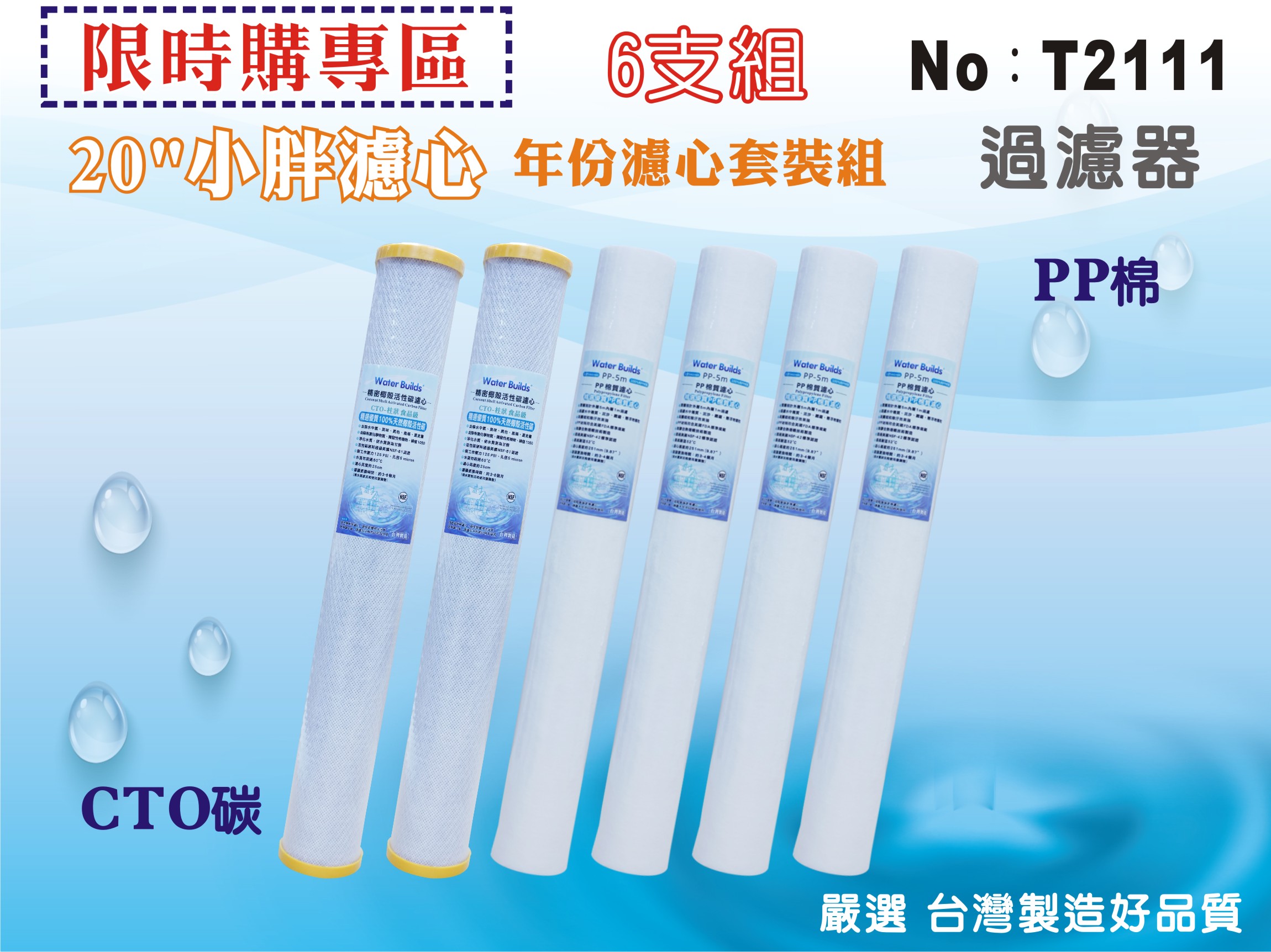 【龍門淨水】20英吋小胖濾心6支組.淨水器.水族館.濾水器.飲水機.RO純水機.過濾器 (貨號T2111)
