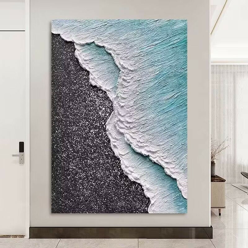 【含稅/免運】 手繪油畫沙灘海浪客廳沙發背景墻裝飾畫奶油風抽象星海砂巖肌理畫
