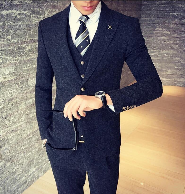 FINDSENSE品牌 韓國男 基本款 紳士西裝外套穿搭 三件式套裝 成套西裝 西裝修身 外套+背心+褲子
