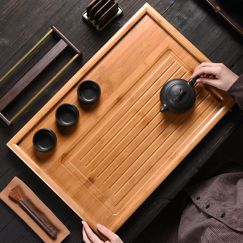 陶福氣 排水茶盤楠竹平板式簡約茶臺家用竹制功夫茶具套裝日式盤