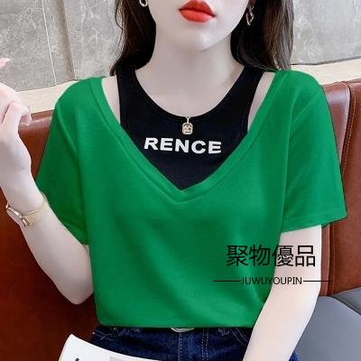 假兩件短袖t恤女士純棉夏裝設計感流行女裝簡約舒適百搭上衣【聚物優品】