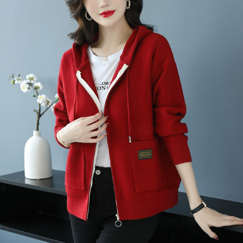 外套 女裝 休閒外套 時尚外套 保暖外套  連帽毛衣外套女寬鬆拉鍊針織開衫2025秋季女裝帶帽衛衣春秋外搭潮 0