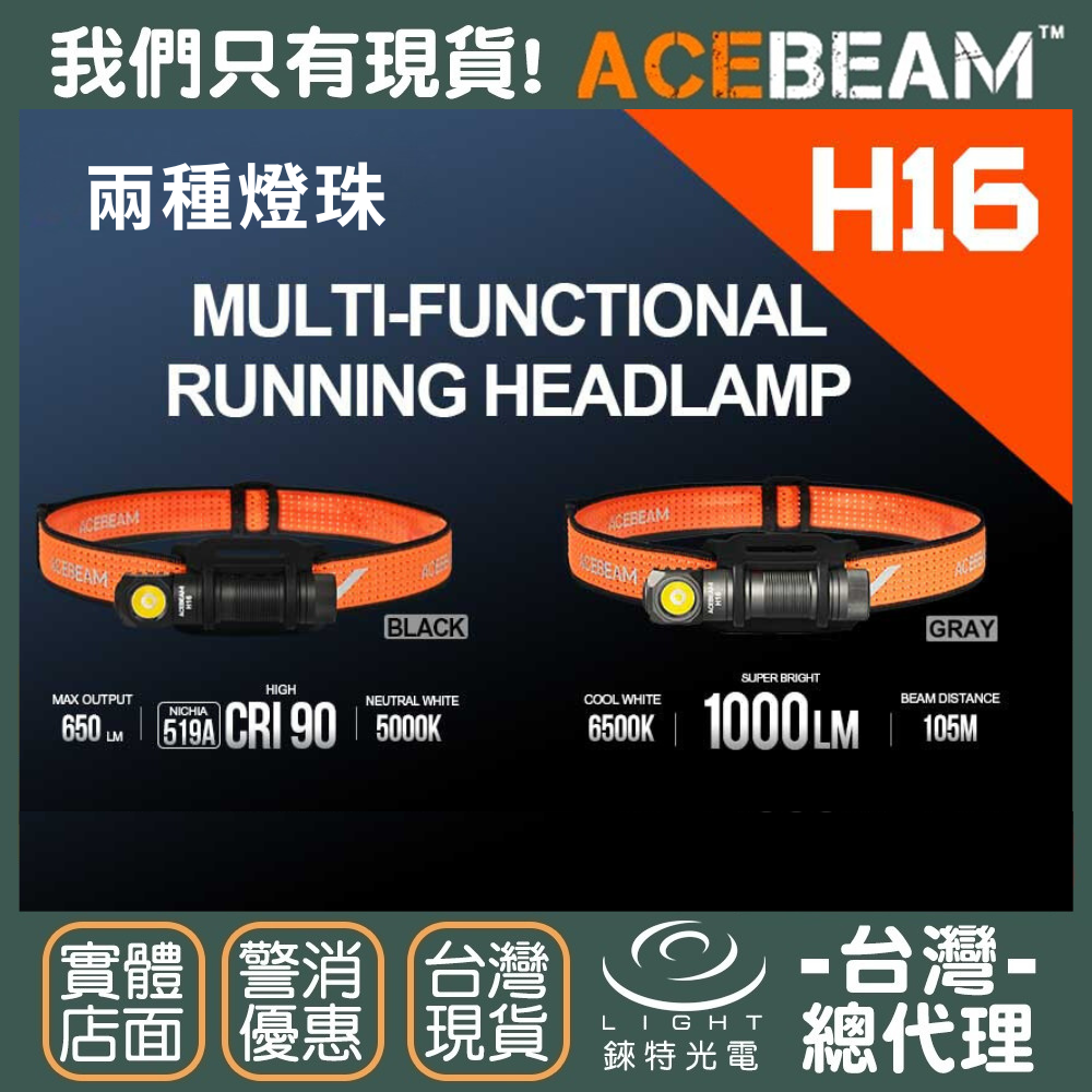 【錸特光電】ACEBEAM H16 1000流明 多功能頭燈 CRI90 高顯色 廣角泛光 Type-C充電 AA電池可用