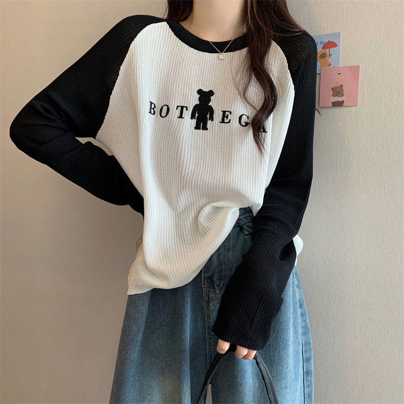 長袖T恤打底衫美式復古正肩上衣女韓風潮設計感拼接時尚春秋季新款【聚寶屋】