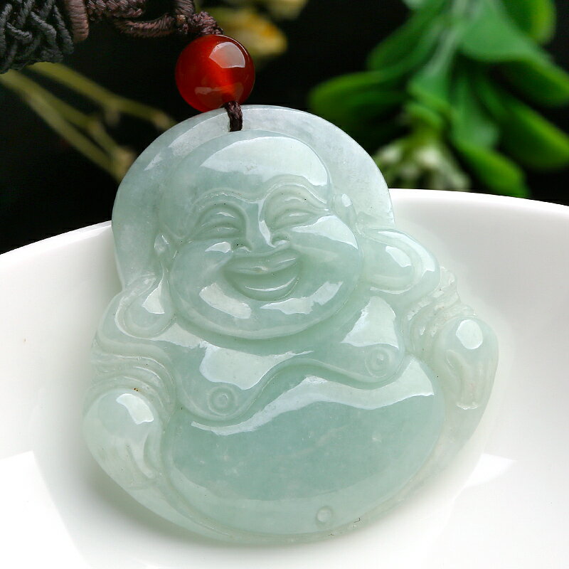 天然緬甸A貨玉佛掛件正品淡綠玉石翡翠笑佛吊墜玉墜子項墜送證書1入
