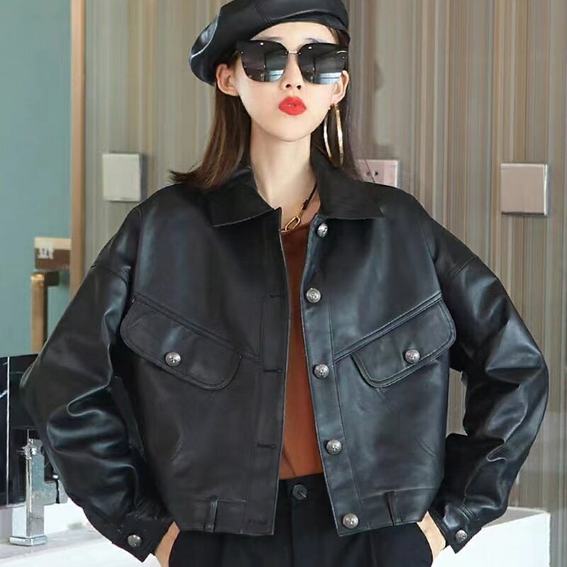 【巴黎精品】皮衣外套真皮夾克-羊皮百搭翻領機車女外套黑色a1iw21