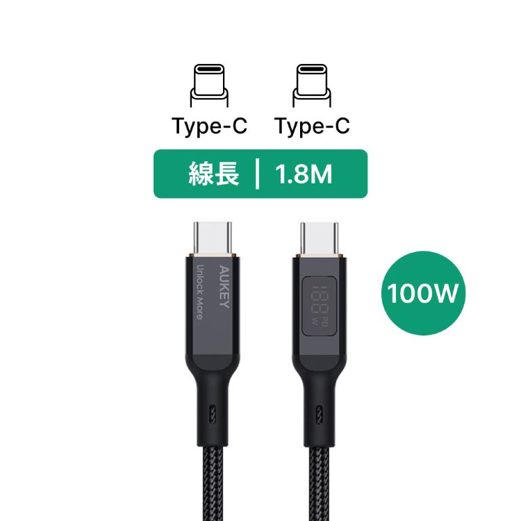 【4%點數】【預購】AUKEY Type-C to Type-C USB 1.8M 快充傳輸線（CB-MCC102）|WitsPer 智選家【限定樂天APP下單】