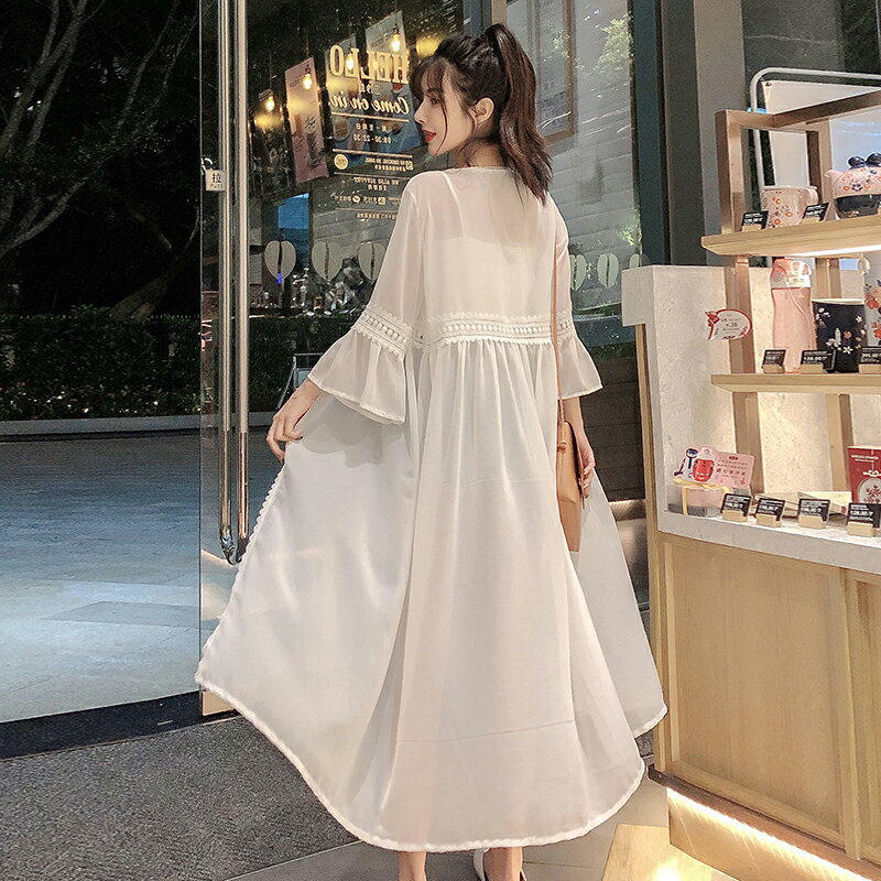 超仙雪紡防曬衣女中長款 外搭白色寬松薄款開衫外套