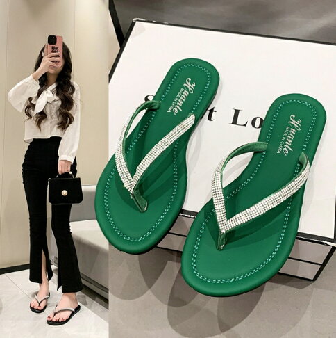 35-42碼 加大尺碼拖鞋 水鑽人字拖鞋 夾腳拖鞋 水鑽拖鞋 防滑平底夾趾涼鞋 平底鞋 櫻桃嚴選 0