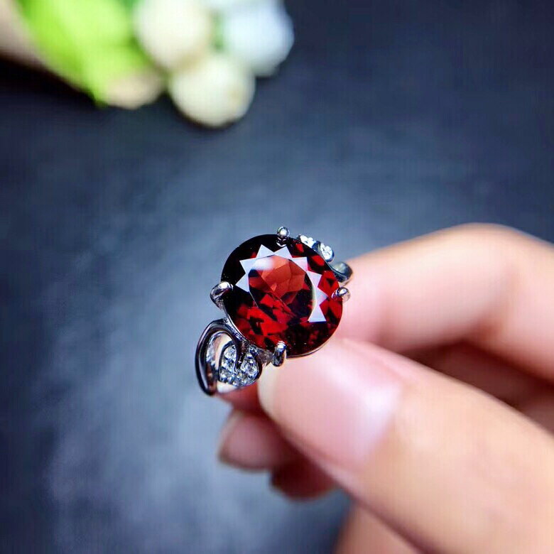 天然石榴石紅寶石戒指女 925純銀鍍K金鑲嵌寶石彩寶女戒簡約飾品