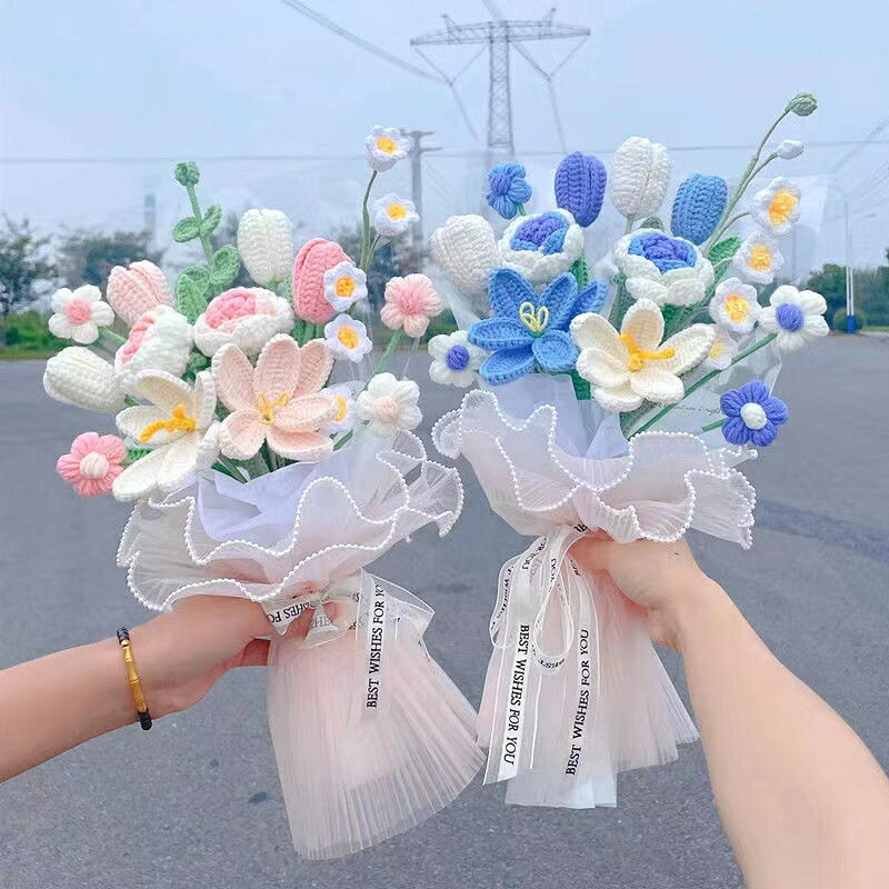 ️成品畢業花束成品手工編織diy花束手捧花針織花束鬱金香玫瑰毛線花束送男女友