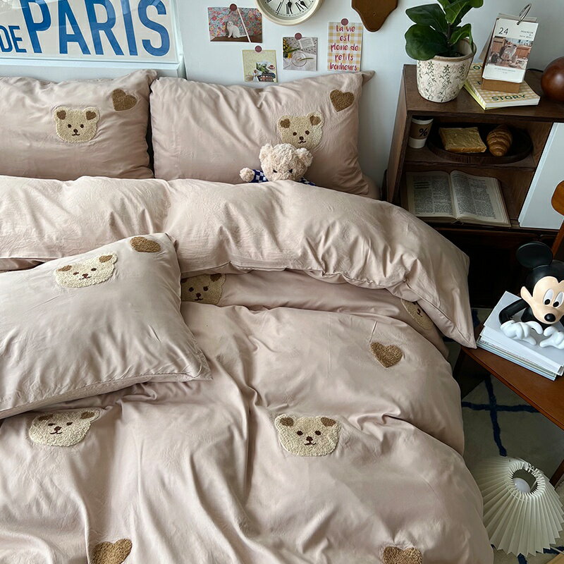 韓國可愛小熊床包組 超柔水洗棉床包組 精緻毛巾繡床包 素色床包組 單人雙人加大雙人床包四件組 床單 四季寢具ikea