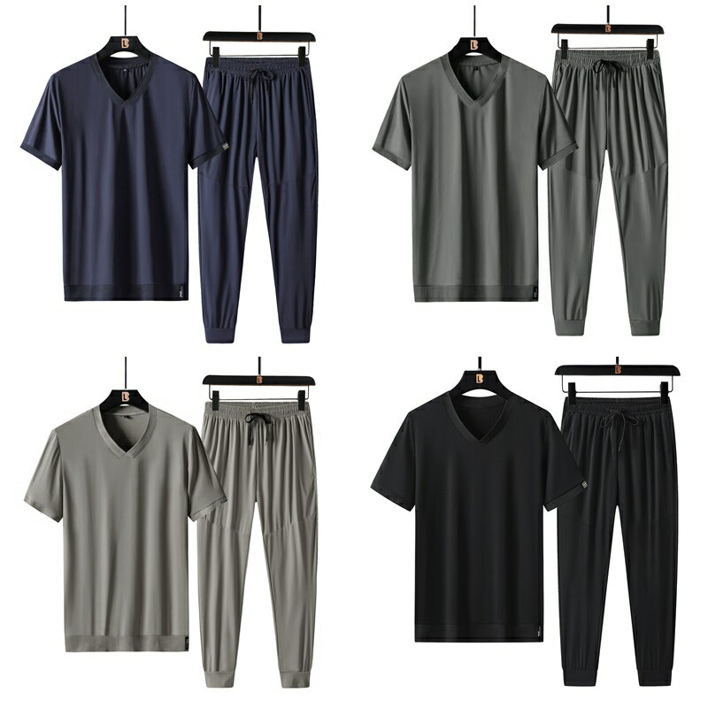 現貨+預購 男涼感休閒套裝短袖褲裝夏季冰絲V領大碼運動服速乾薄款兩件式寬鬆-男裝4色74lg89【獨家進口】【米蘭精品】