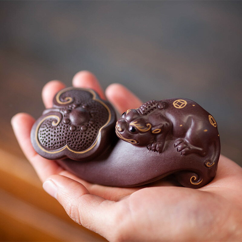 紫砂茶寵貔貅雕塑描金如意貔貅創意茶具擺養