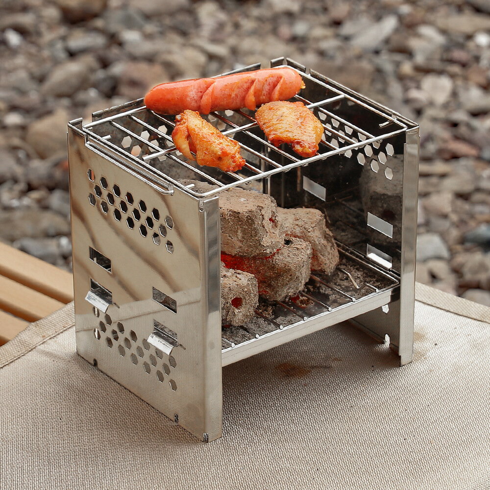 戶外露營燒烤爐不鏽鋼柴火爐折疊迷你野營燒烤架木炭爐野餐爐