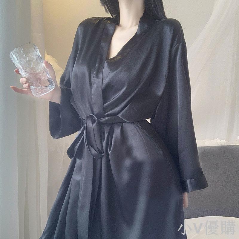 小V 韓春秋睡袍女冰絲睡衣女夏薄款日系白色性感少女士浴袍寬松家居服