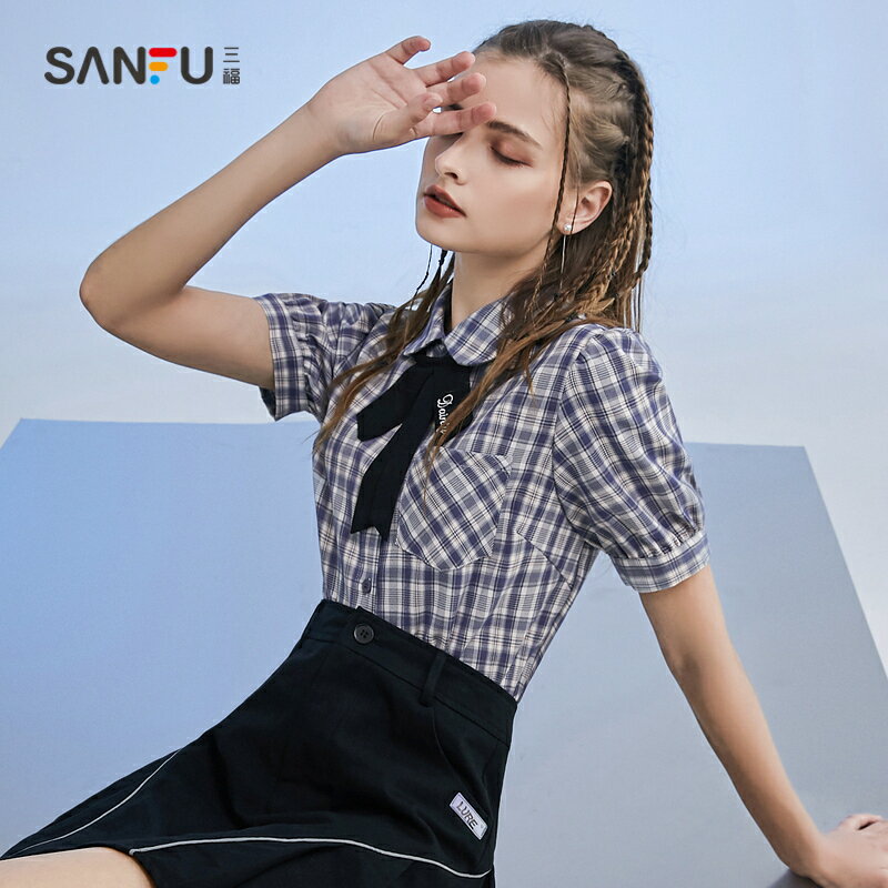 三福襯衫夏季新款法式氣質復古學院風格子蝴蝶結泡泡短袖上衣